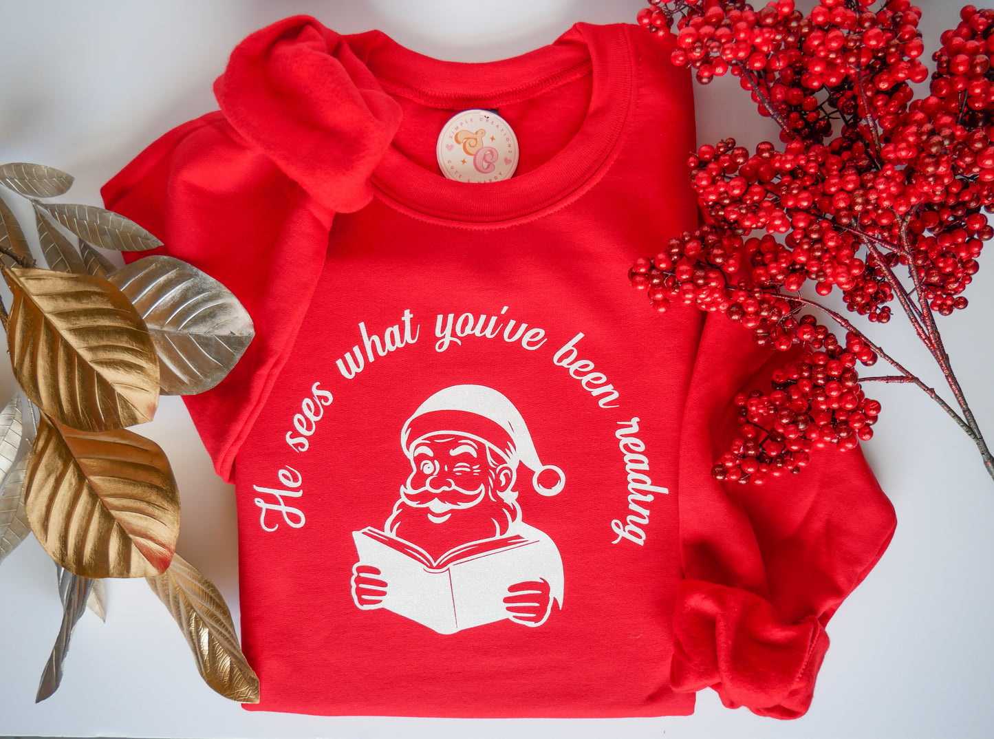 He Sees What You’ve Been Reading - Santa Reading Graphic, Red Funny Christmas Sweatshirt