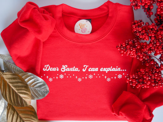Dear Santa, I Can Explain Red Crewneck – White Glitter Vinyl, Snowflake Design, Funny Christmas Sweatshirt