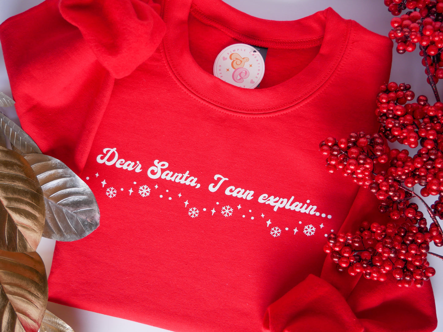 Dear Santa, I Can Explain Red Crewneck – White Glitter Vinyl, Snowflake Design, Funny Christmas Sweatshirt