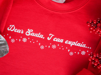 Dear Santa, I Can Explain Red Crewneck – White Glitter Vinyl, Snowflake Design, Funny Christmas Sweatshirt