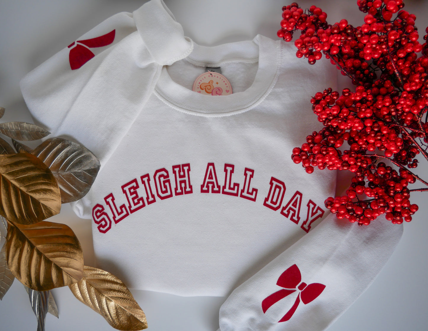 Sleigh All Day White Crewneck – Red StripFlock Vinyl, Christmas Bows on Sleeves, Holiday Sweatshirt