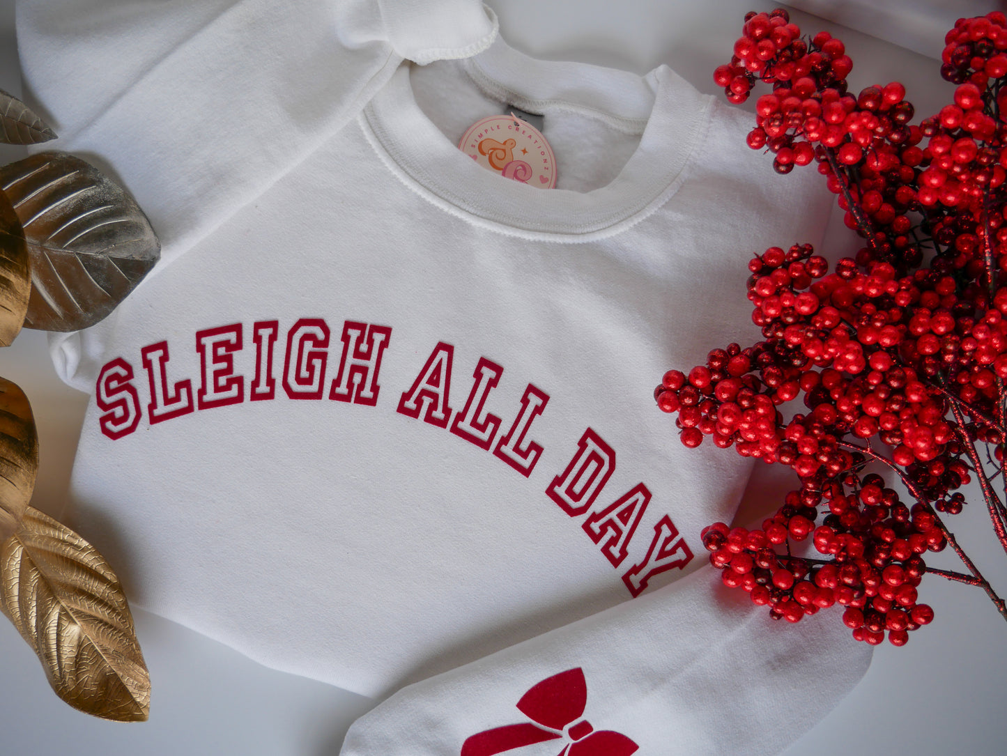 Sleigh All Day White Crewneck – Red StripFlock Vinyl, Christmas Bows on Sleeves, Holiday Sweatshirt