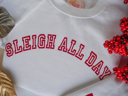 Sleigh All Day White Crewneck – Red StripFlock Vinyl, Christmas Bows on Sleeves, Holiday Sweatshirt