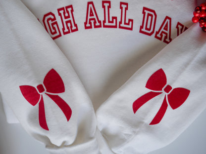 Sleigh All Day White Crewneck – Red StripFlock Vinyl, Christmas Bows on Sleeves, Holiday Sweatshirt