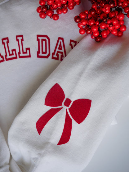 Sleigh All Day White Crewneck – Red StripFlock Vinyl, Christmas Bows on Sleeves, Holiday Sweatshirt