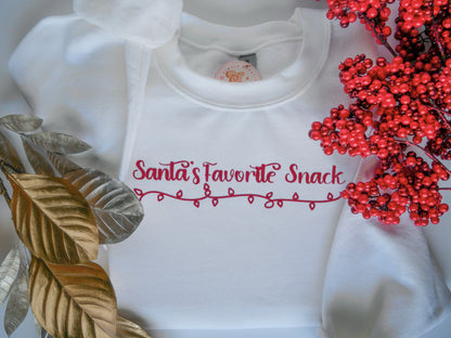 Santa’s Favorite Snack White Crewneck – Red StripFlock Vinyl, String Lights, Festive Christmas Sweatshirt