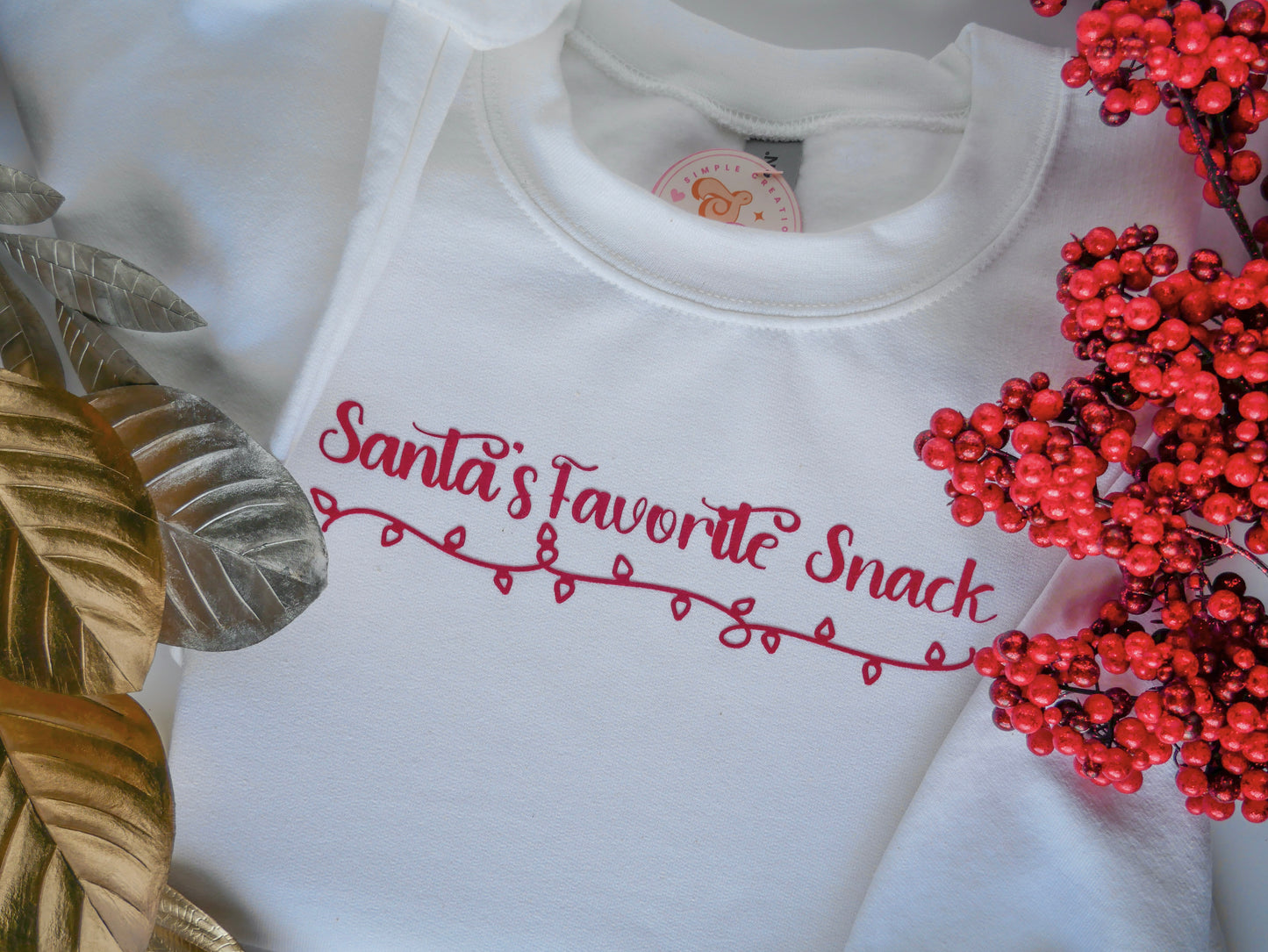 Santa’s Favorite Snack White Crewneck – Red StripFlock Vinyl, String Lights, Festive Christmas Sweatshirt
