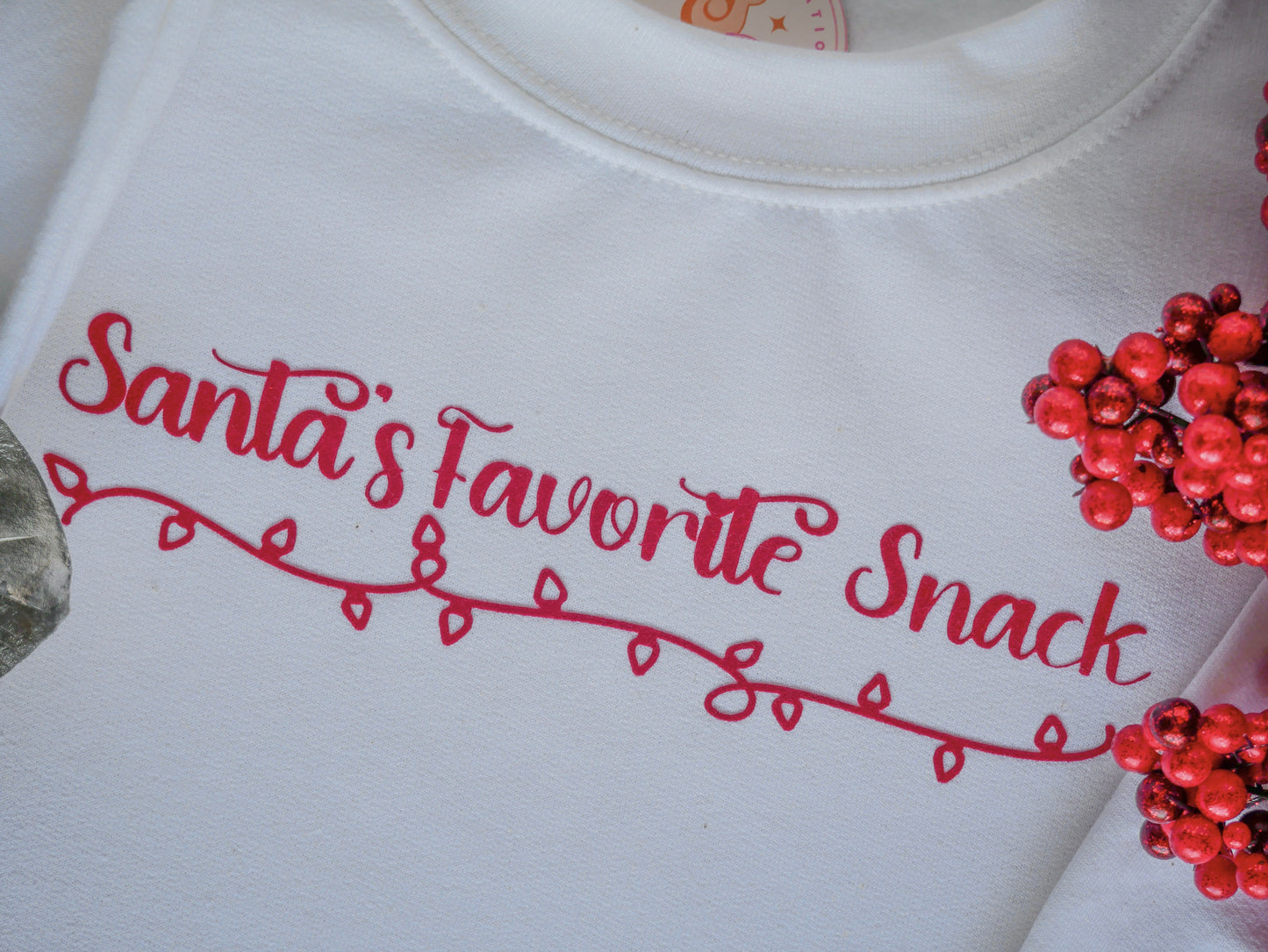 Santa’s Favorite Snack White Crewneck – Red StripFlock Vinyl, String Lights, Festive Christmas Sweatshirt