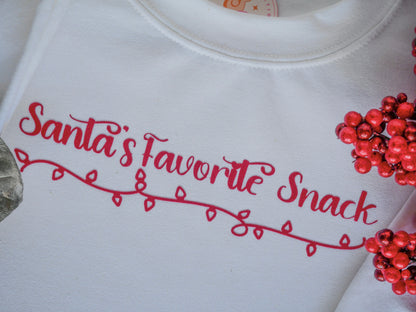 Santa’s Favorite Snack White Crewneck – Red StripFlock Vinyl, String Lights, Festive Christmas Sweatshirt