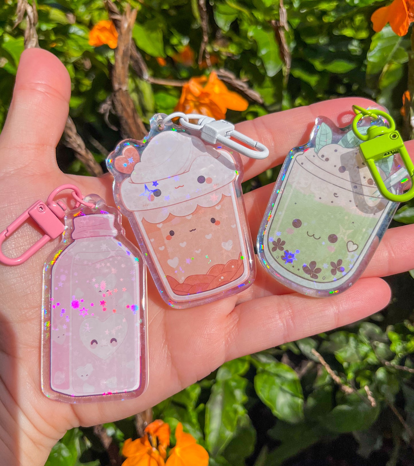 Holographic Kawaii Drink Keychain – Boba Style Charm