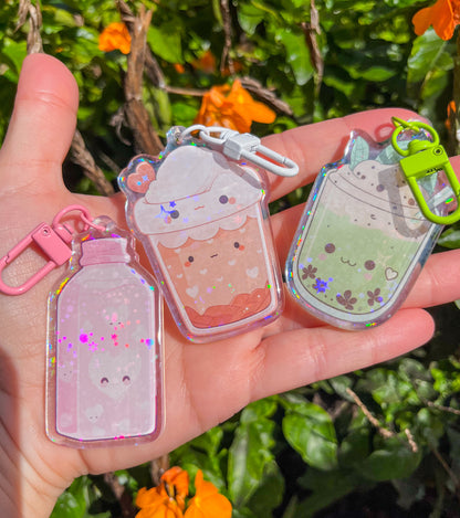Holographic Kawaii Drink Keychain – Boba Style Charm