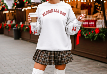 Sleigh All Day White Crewneck – Red StripFlock Vinyl, Christmas Bows on Sleeves, Holiday Sweatshirt
