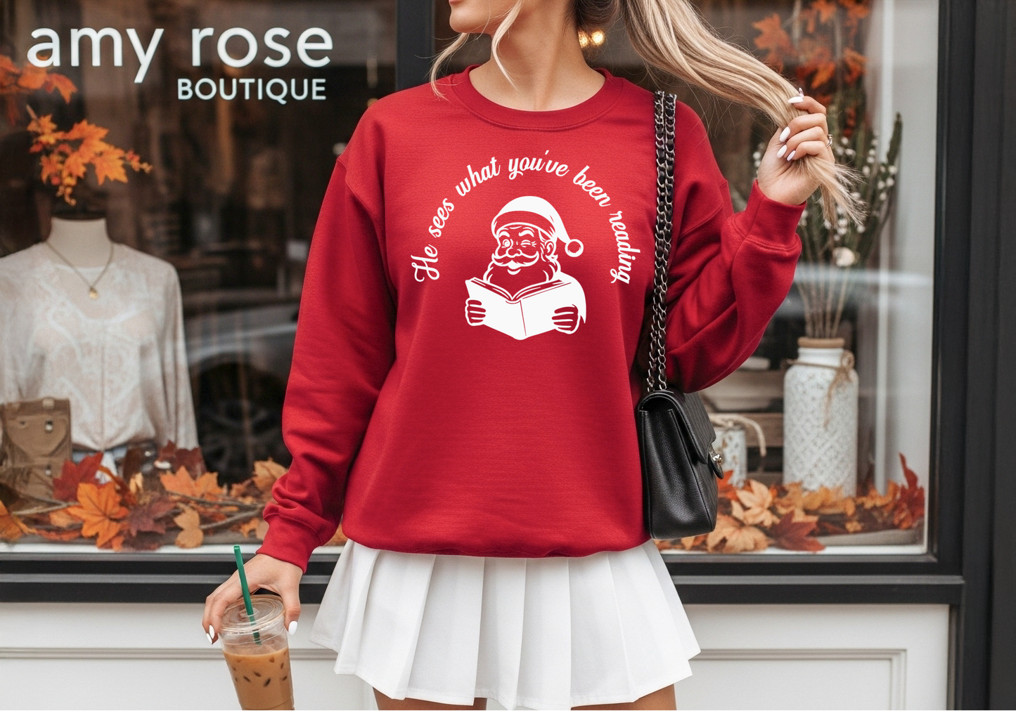He Sees What You’ve Been Reading - Santa Reading Graphic, Red Funny Christmas Sweatshirt